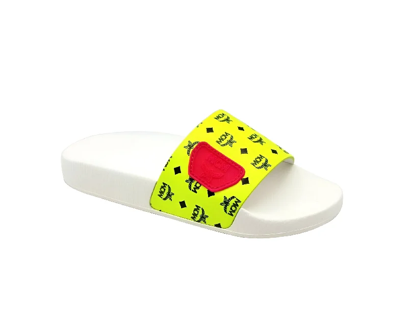 MCM Women's White / Neon Yellow Logo Leather Rubber Slides Sandals (36 EU / 6 US)