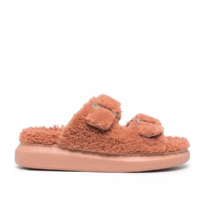 Alexander McQueen Women's Shearling Slide Sandals in Pink