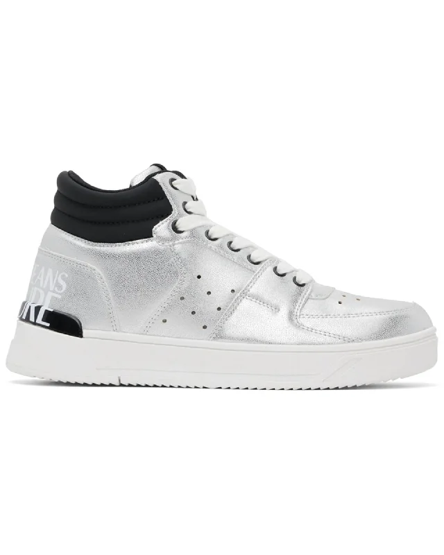 Versace Jeans Silver High Top Sneaker with Logo Print Detail