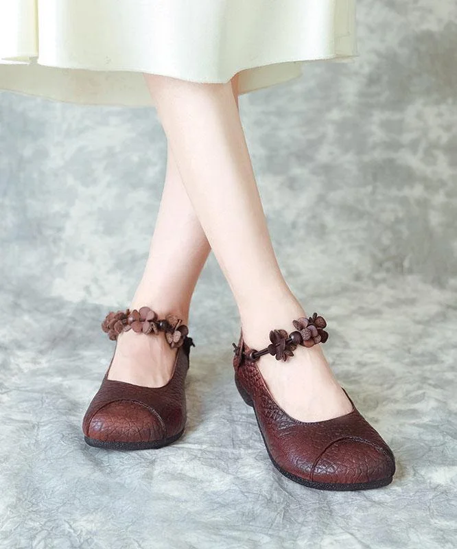 Chocolate Cowhide Leather Buckle Strap Loafers For Women