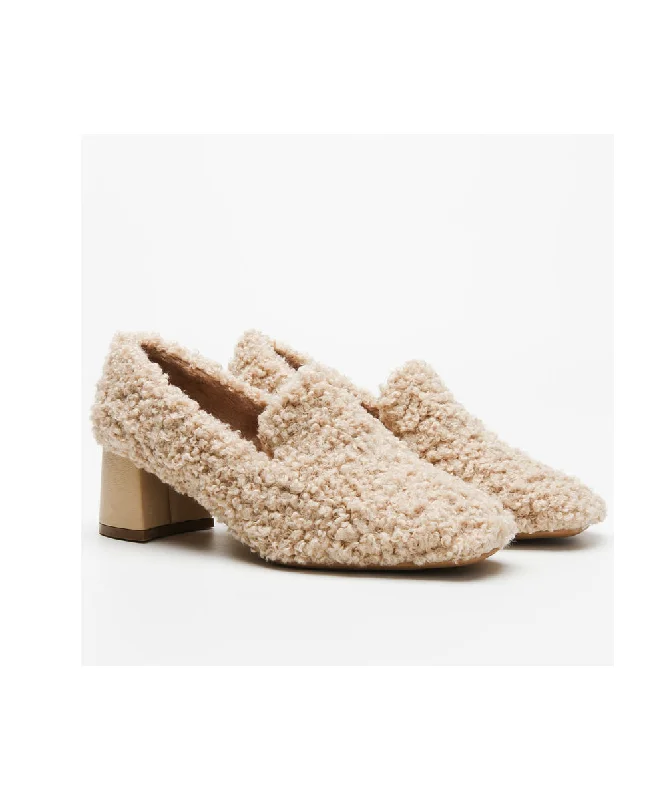 Fashion Beige Teddy Chunky Heel Fuzzy Wool Lined Penny Loafers