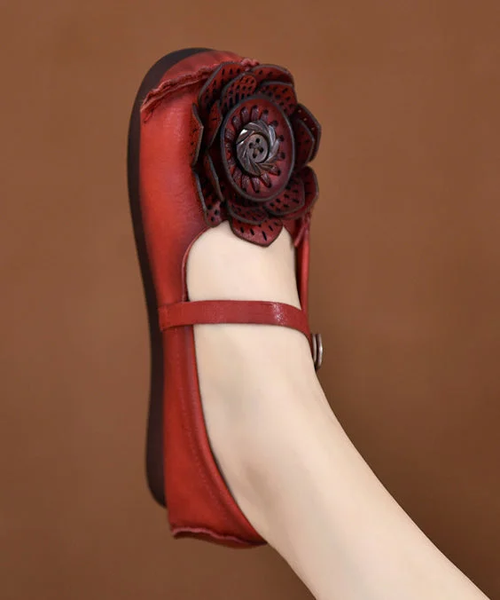 Original Retro Flower One Word Buckle Red Soft Sole Penny Loafers